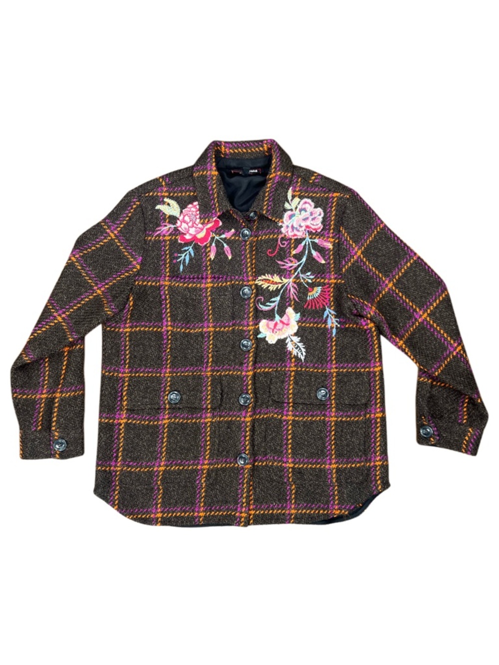 Johnny Was Garnet Plaid Shirt Jacket Embroidered Wool Blend Button Front Small - Picture 2 of 7